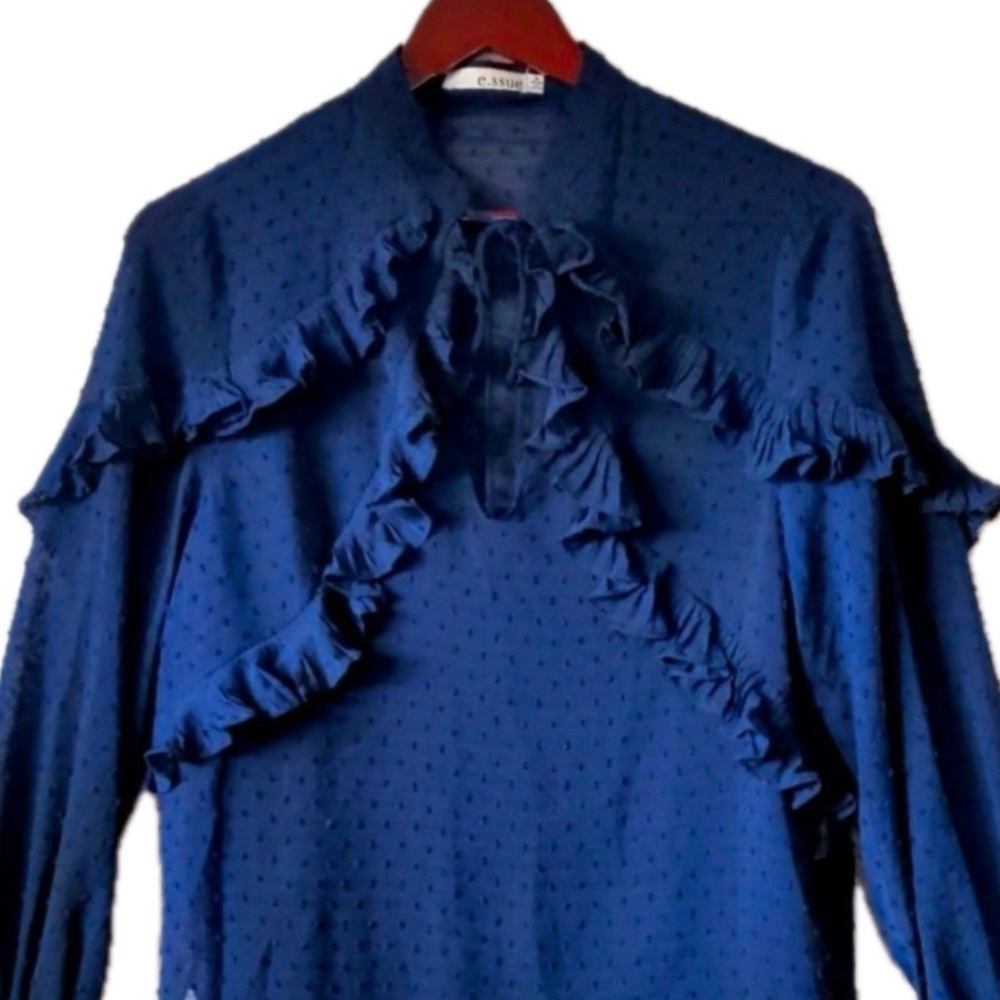 Midnight Blue Ruffled Top w/ Pleated Sleeve M
